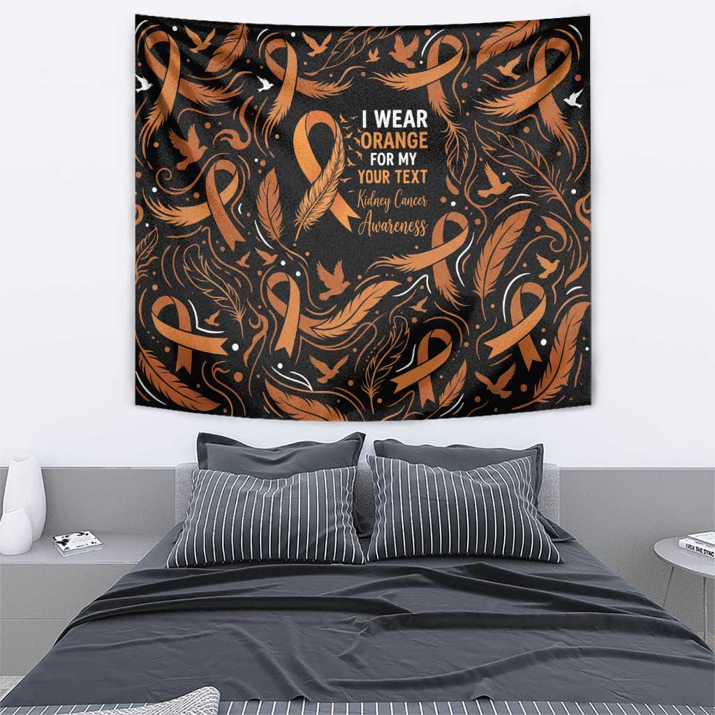 Personalized I Wear Orange Kidney Cancer Awareness Tapestry Feathered Ribbon Silhouette Illustration