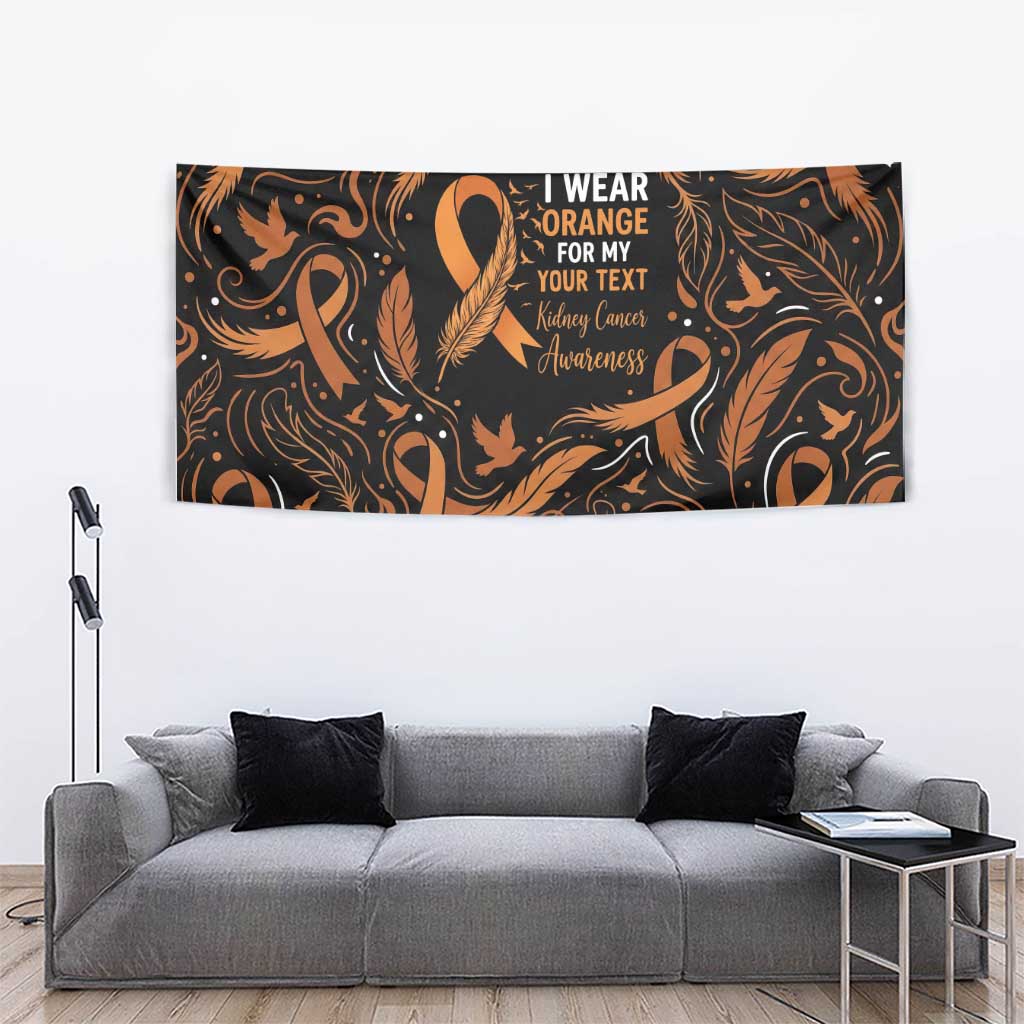 Personalized I Wear Orange Kidney Cancer Awareness Tapestry Feathered Ribbon Silhouette Illustration