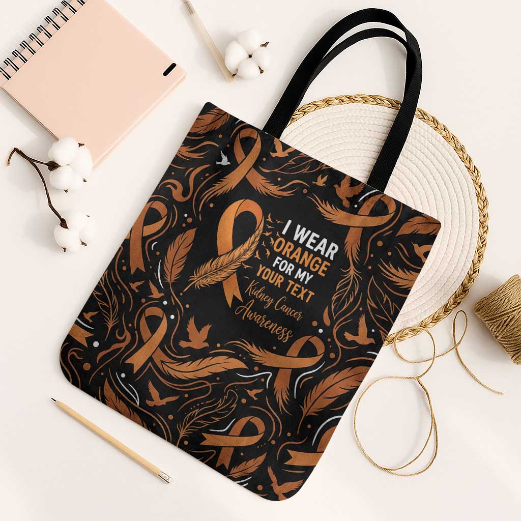 Personalized I Wear Orange Kidney Cancer Awareness Tote Bag Feathered Ribbon Silhouette Illustration