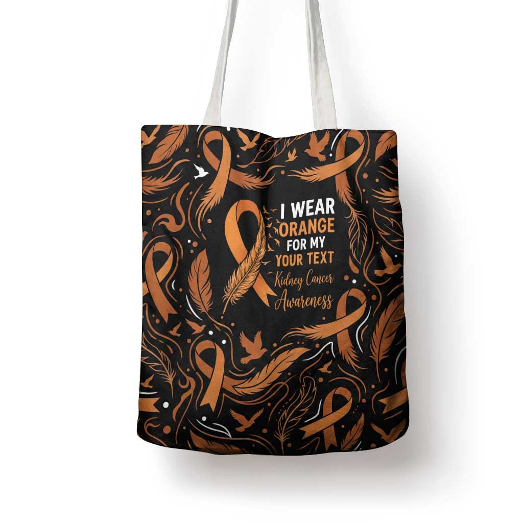 Personalized I Wear Orange Kidney Cancer Awareness Tote Bag Feathered Ribbon Silhouette Illustration