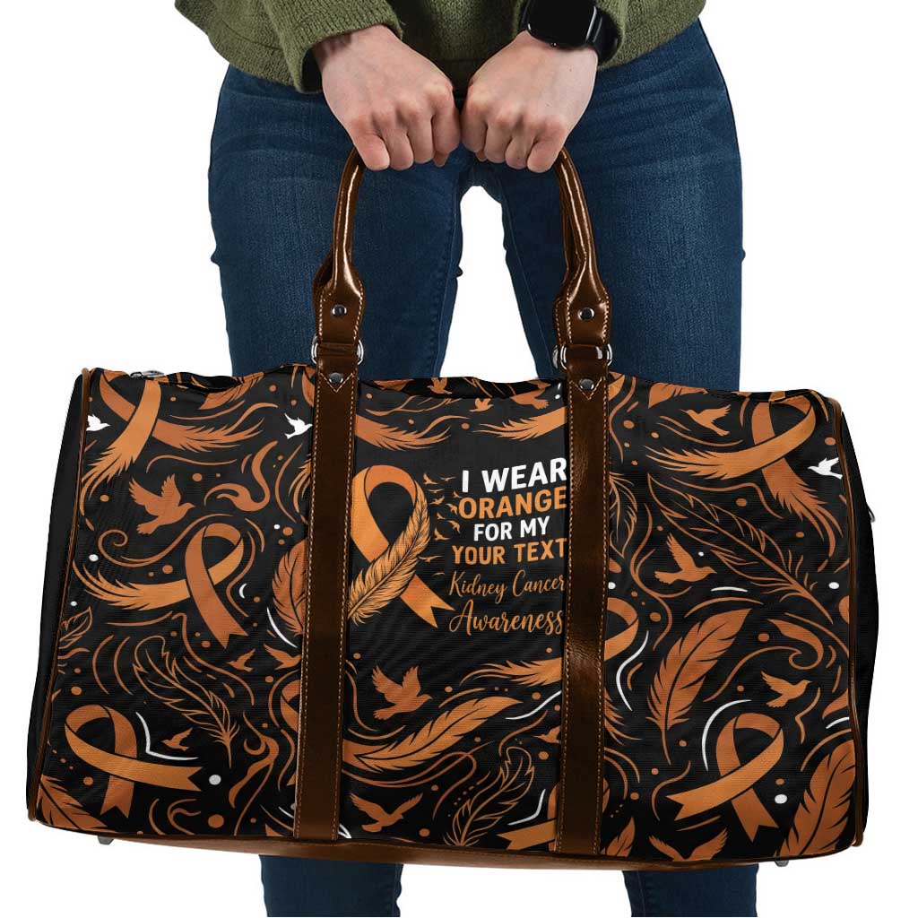 Personalized I Wear Orange Kidney Cancer Awareness Travel Bag Feathered Ribbon Silhouette Illustration