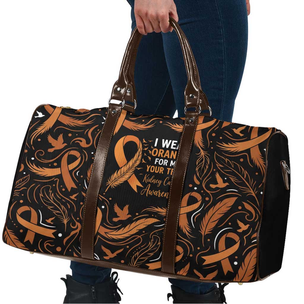 Personalized I Wear Orange Kidney Cancer Awareness Travel Bag Feathered Ribbon Silhouette Illustration