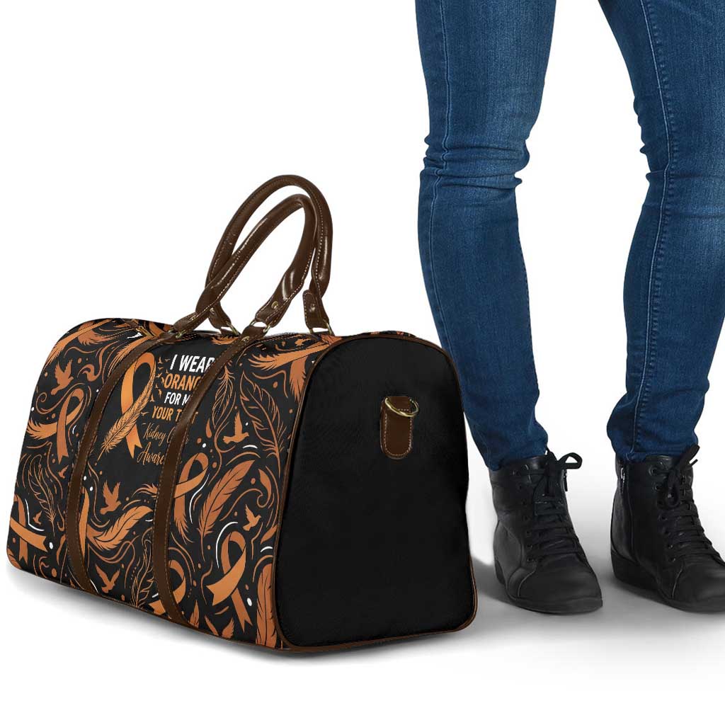 Personalized I Wear Orange Kidney Cancer Awareness Travel Bag Feathered Ribbon Silhouette Illustration