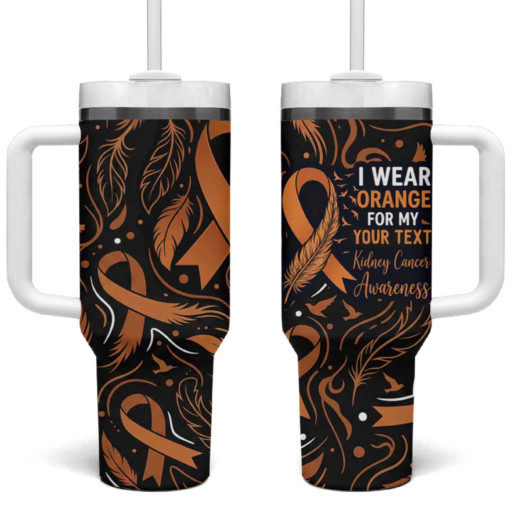 Personalized I Wear Orange Kidney Cancer Awareness Tumbler With Handle Feathered Ribbon Silhouette Illustration