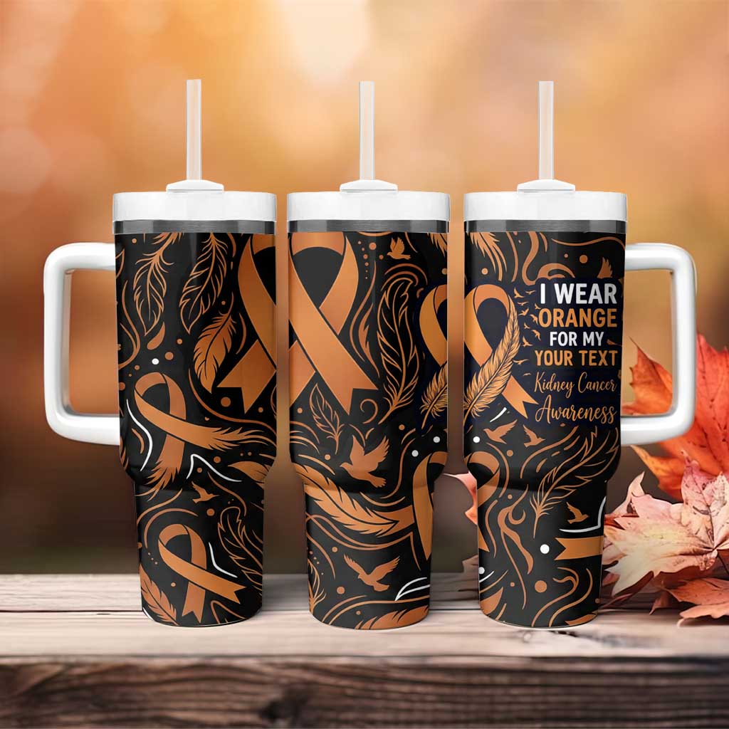 Personalized I Wear Orange Kidney Cancer Awareness Tumbler With Handle Feathered Ribbon Silhouette Illustration