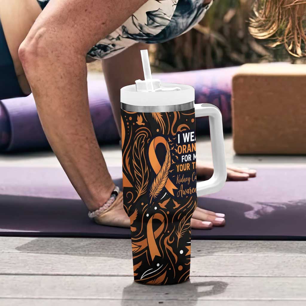 Personalized I Wear Orange Kidney Cancer Awareness Tumbler With Handle Feathered Ribbon Silhouette Illustration
