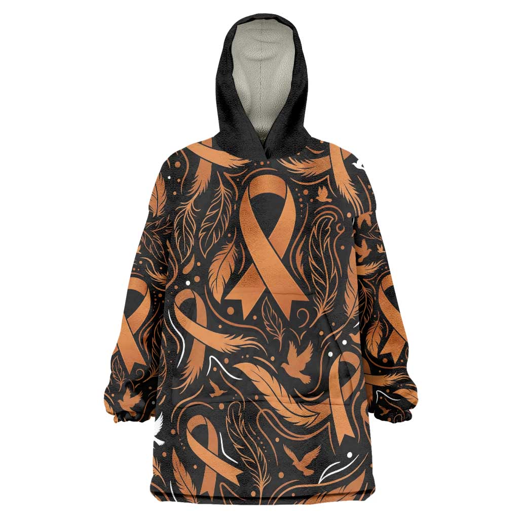 Personalized I Wear Orange Kidney Cancer Awareness Wearable Blanket Hoodie Feathered Ribbon Silhouette Illustration