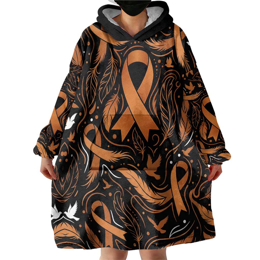 Personalized I Wear Orange Kidney Cancer Awareness Wearable Blanket Hoodie Feathered Ribbon Silhouette Illustration