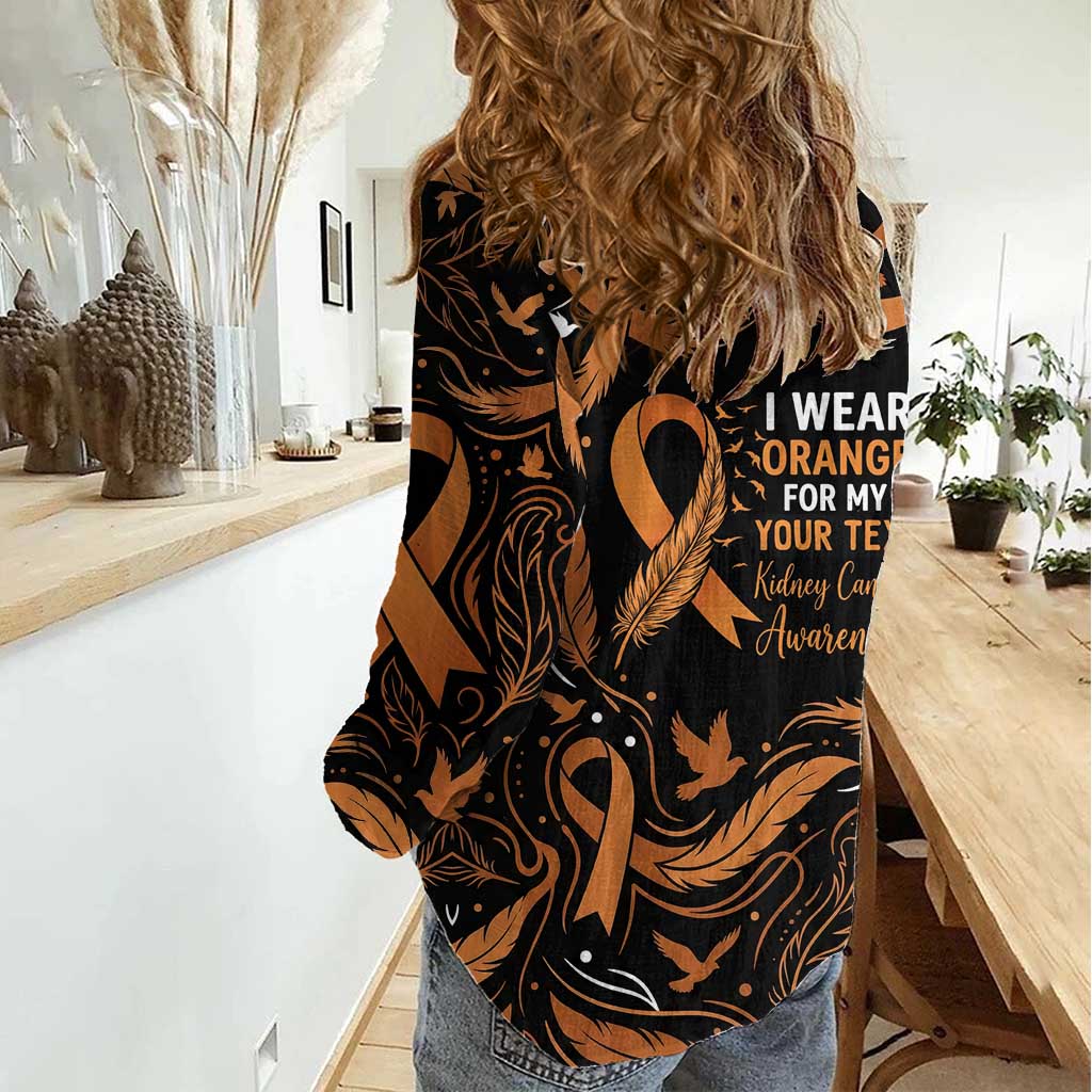 Personalized I Wear Orange Kidney Cancer Awareness Women Casual Shirt Feathered Ribbon Silhouette Illustration