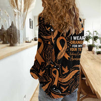 Personalized I Wear Orange Kidney Cancer Awareness Women Casual Shirt Feathered Ribbon Silhouette Illustration