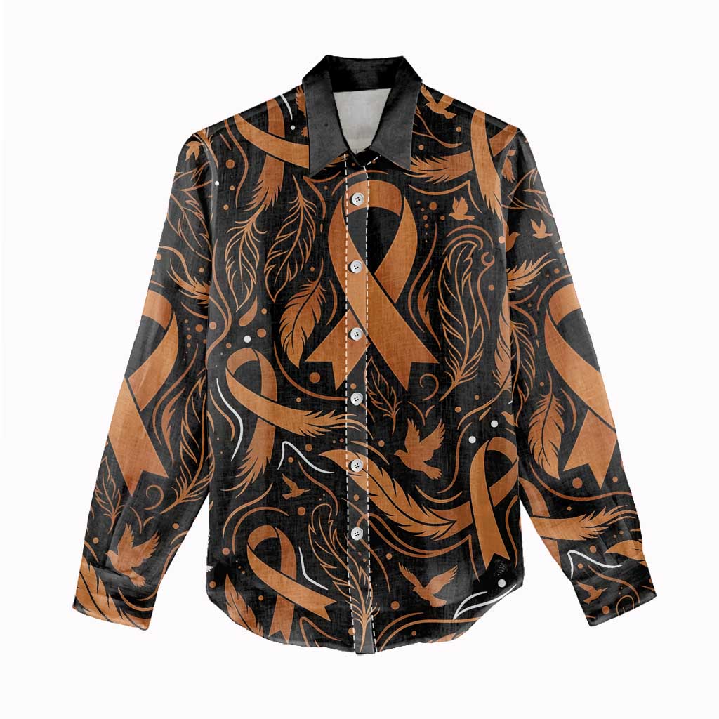 Personalized I Wear Orange Kidney Cancer Awareness Women Casual Shirt Feathered Ribbon Silhouette Illustration