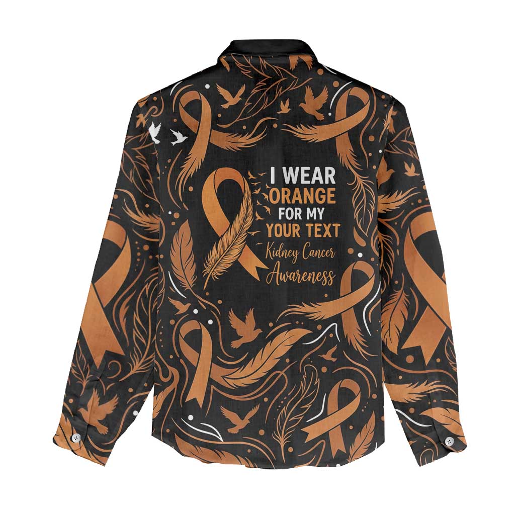 Personalized I Wear Orange Kidney Cancer Awareness Women Casual Shirt Feathered Ribbon Silhouette Illustration