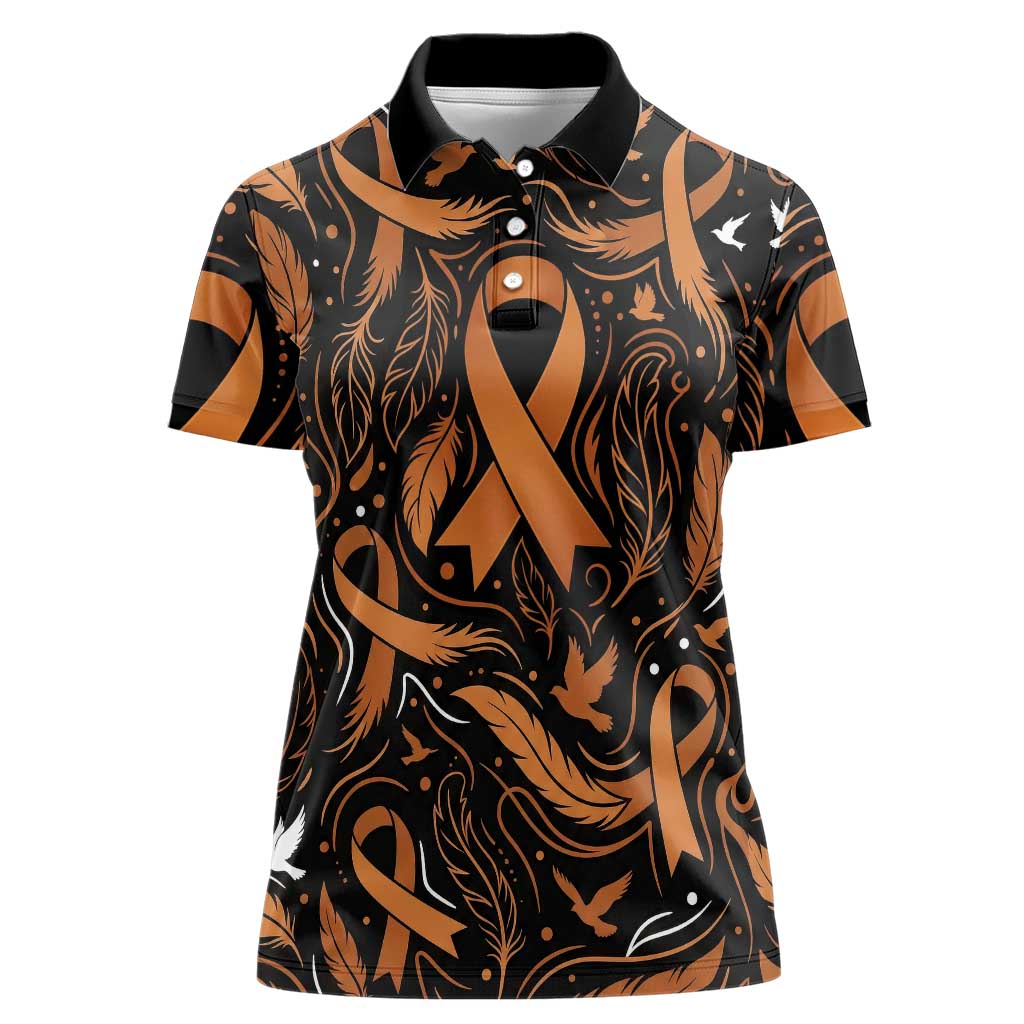 Personalized I Wear Orange Kidney Cancer Awareness Women Polo Shirt Feathered Ribbon Silhouette Illustration