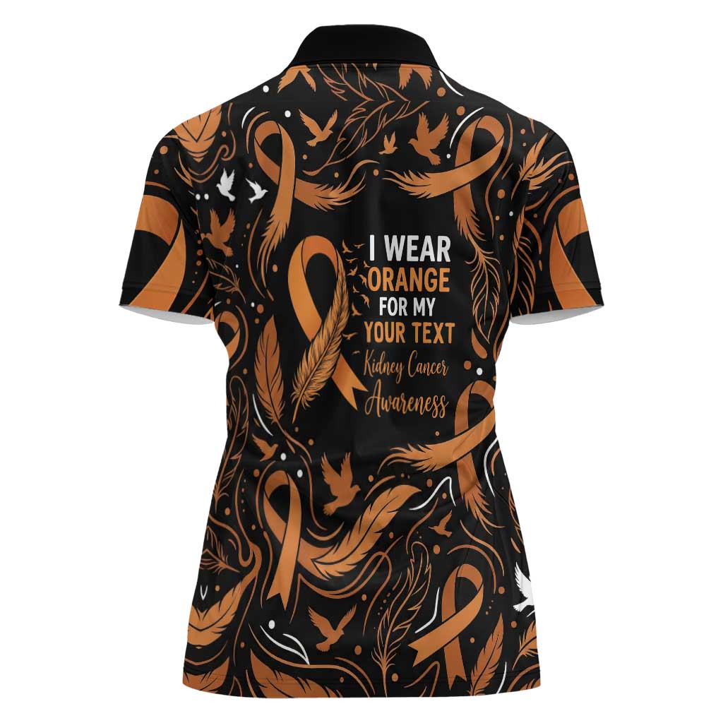 Personalized I Wear Orange Kidney Cancer Awareness Women Polo Shirt Feathered Ribbon Silhouette Illustration