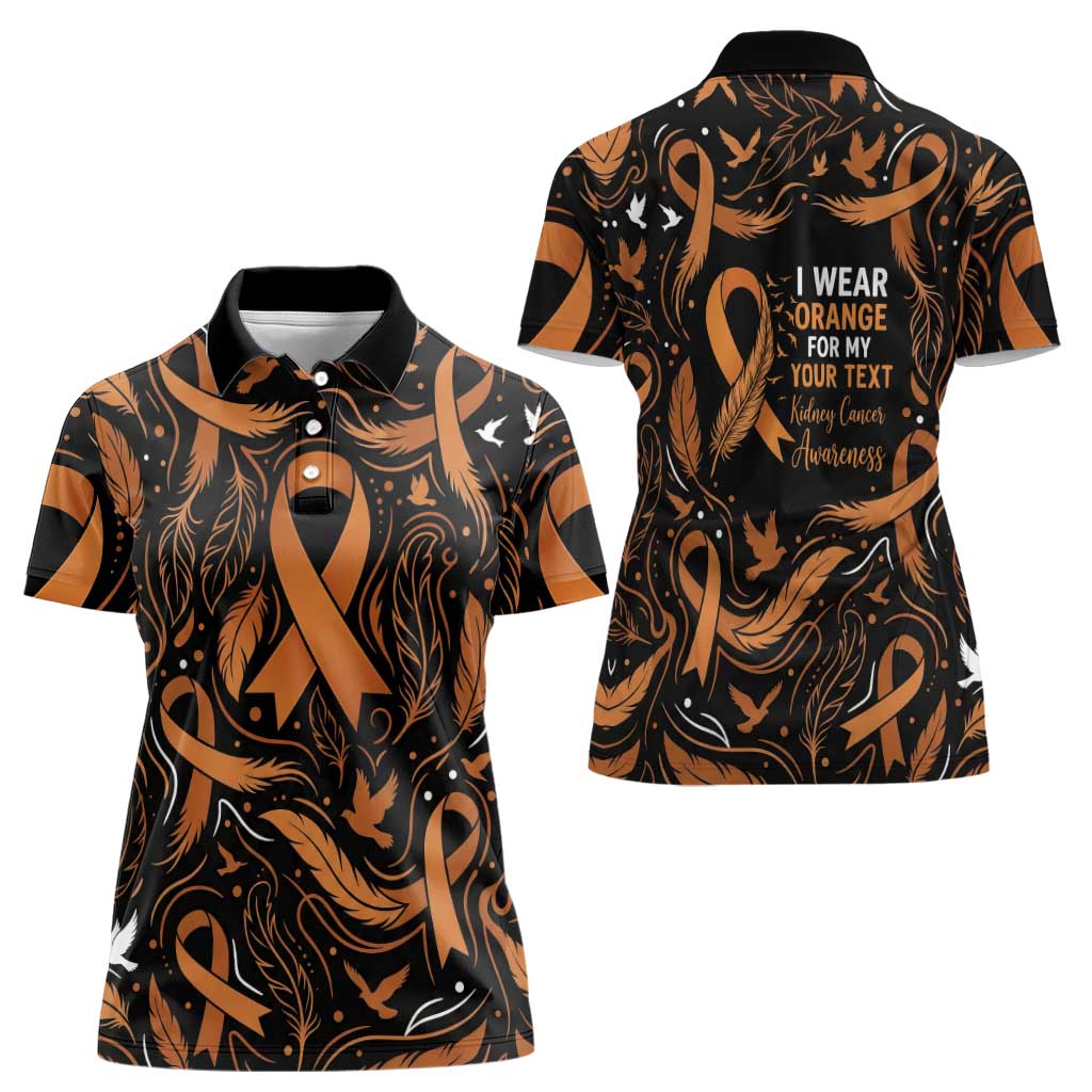Personalized I Wear Orange Kidney Cancer Awareness Women Polo Shirt Feathered Ribbon Silhouette Illustration