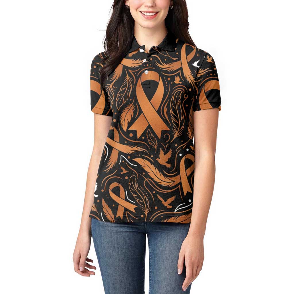 Personalized I Wear Orange Kidney Cancer Awareness Women Polo Shirt Feathered Ribbon Silhouette Illustration