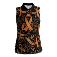 Personalized I Wear Orange Kidney Cancer Awareness Women Sleeveless Polo Shirt Feathered Ribbon Silhouette Illustration