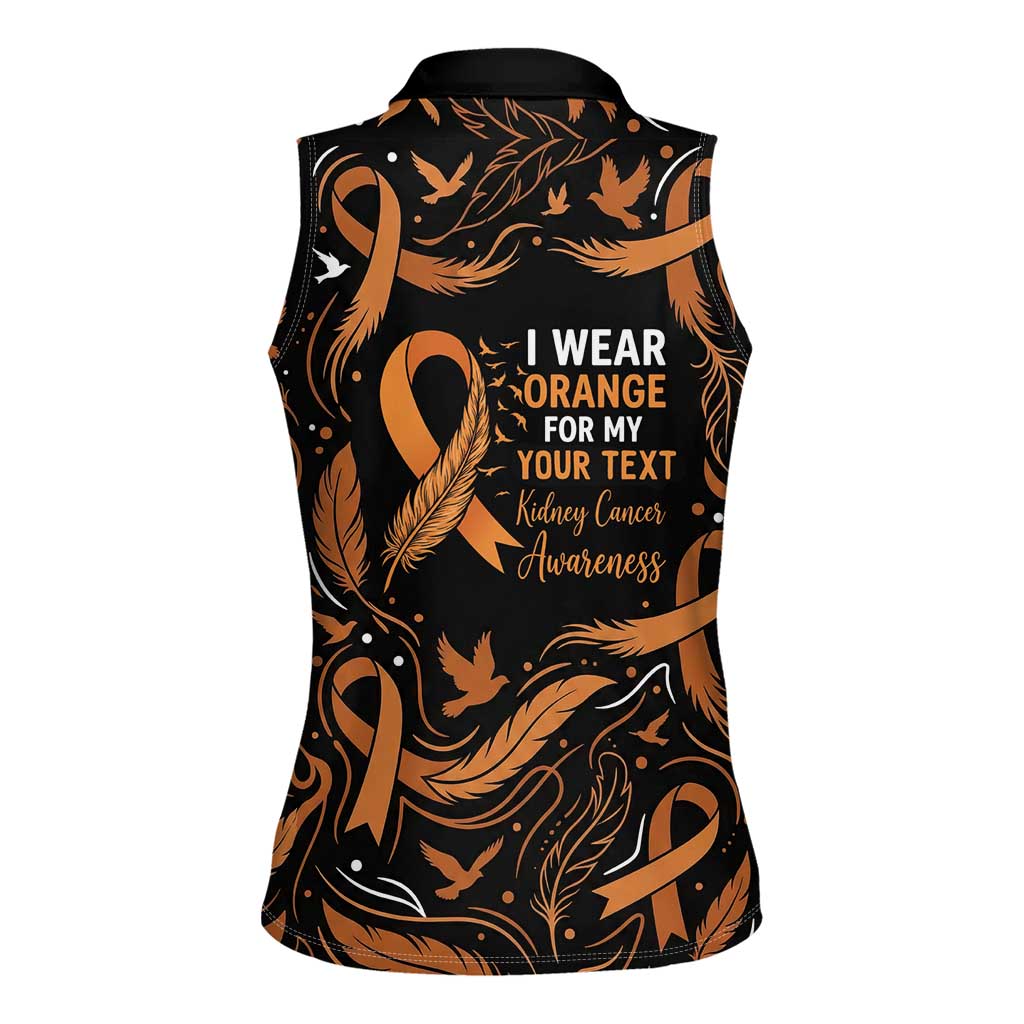 Personalized I Wear Orange Kidney Cancer Awareness Women Sleeveless Polo Shirt Feathered Ribbon Silhouette Illustration