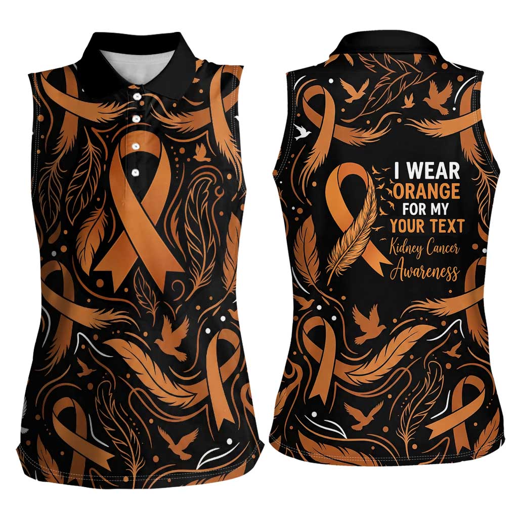Personalized I Wear Orange Kidney Cancer Awareness Women Sleeveless Polo Shirt Feathered Ribbon Silhouette Illustration