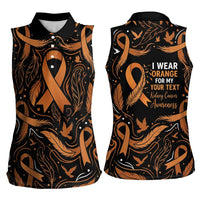 Personalized I Wear Orange Kidney Cancer Awareness Women Sleeveless Polo Shirt Feathered Ribbon Silhouette Illustration