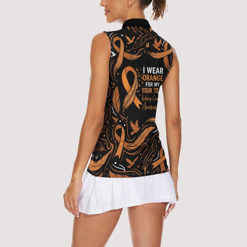 Personalized I Wear Orange Kidney Cancer Awareness Women Sleeveless Polo Shirt Feathered Ribbon Silhouette Illustration