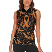 Personalized I Wear Orange Kidney Cancer Awareness Women Sleeveless Polo Shirt Feathered Ribbon Silhouette Illustration