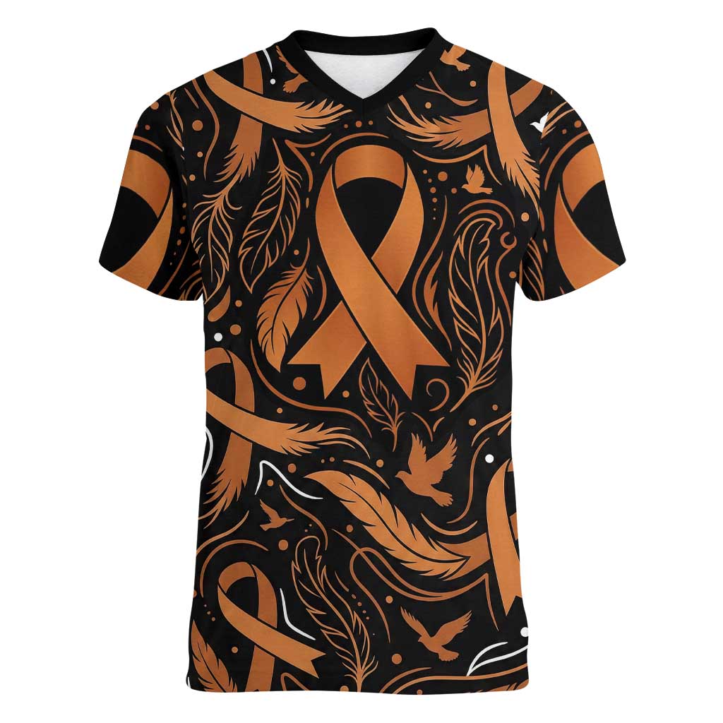 Personalized I Wear Orange Kidney Cancer Awareness Women V-Neck T-Shirt Feathered Ribbon Silhouette Illustration