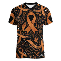 Personalized I Wear Orange Kidney Cancer Awareness Women V-Neck T-Shirt Feathered Ribbon Silhouette Illustration