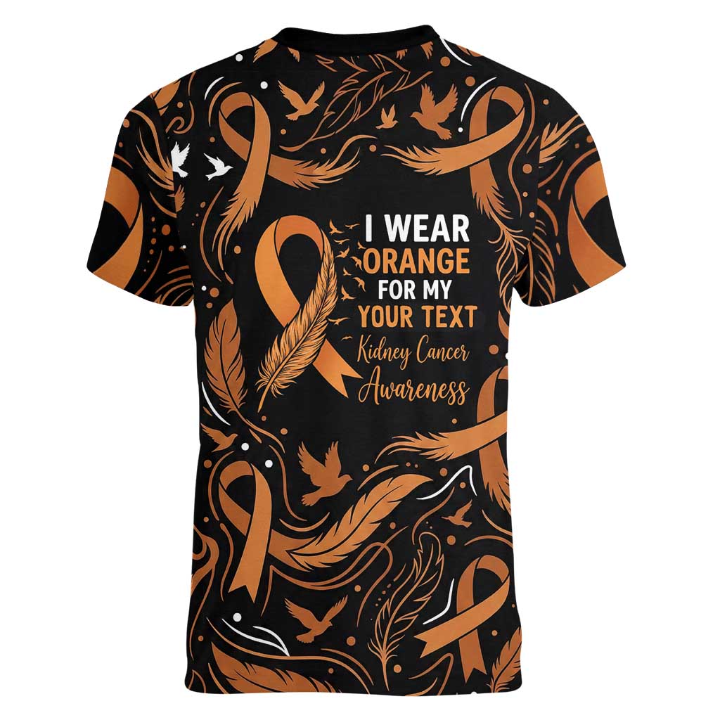 Personalized I Wear Orange Kidney Cancer Awareness Women V-Neck T-Shirt Feathered Ribbon Silhouette Illustration