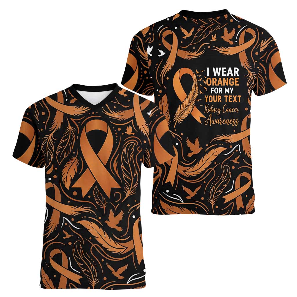 Personalized I Wear Orange Kidney Cancer Awareness Women V-Neck T-Shirt Feathered Ribbon Silhouette Illustration