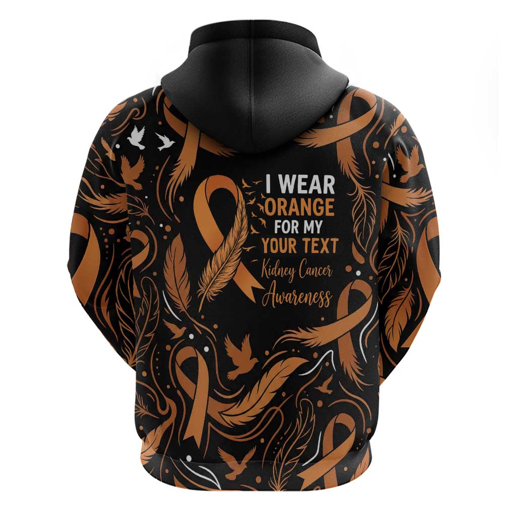 Personalized I Wear Orange Kidney Cancer Awareness Zip Hoodie Feathered Ribbon Silhouette Illustration