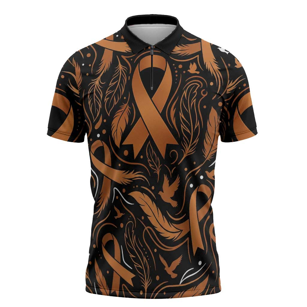 Personalized I Wear Orange Kidney Cancer Awareness Zipper Polo Shirt Feathered Ribbon Silhouette Illustration