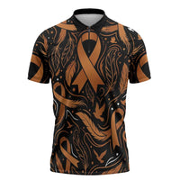 Personalized I Wear Orange Kidney Cancer Awareness Zipper Polo Shirt Feathered Ribbon Silhouette Illustration