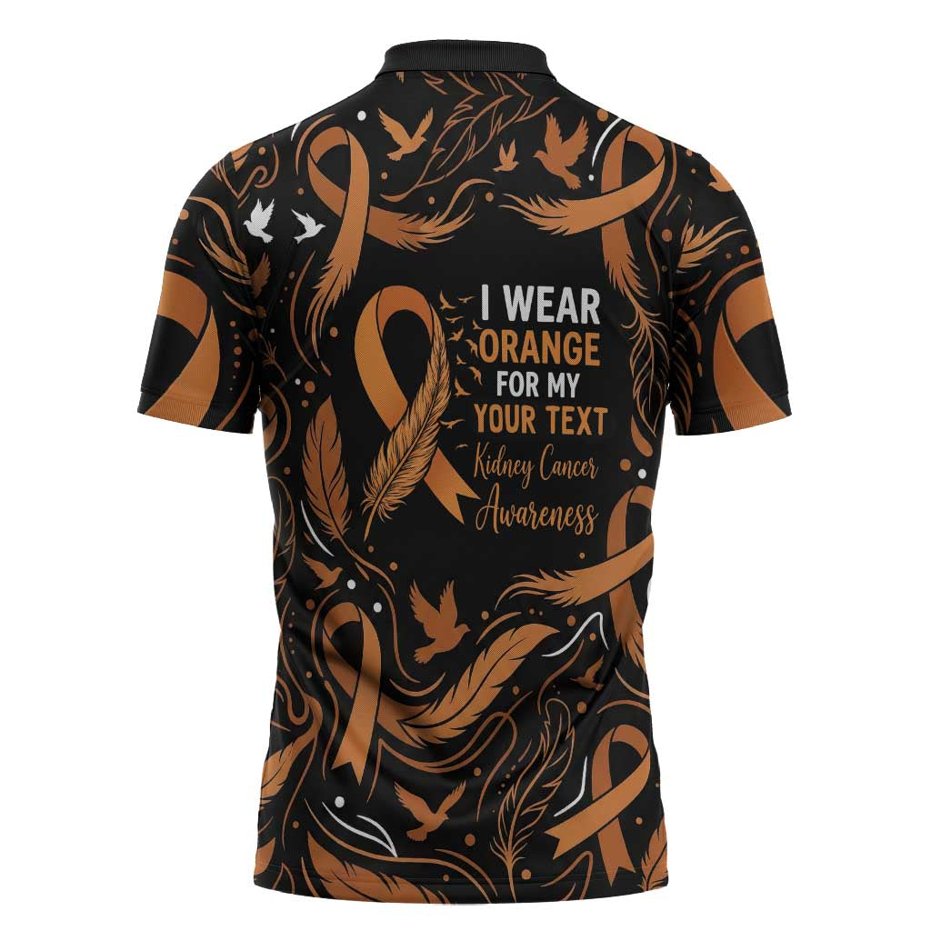Personalized I Wear Orange Kidney Cancer Awareness Zipper Polo Shirt Feathered Ribbon Silhouette Illustration