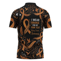 Personalized I Wear Orange Kidney Cancer Awareness Zipper Polo Shirt Feathered Ribbon Silhouette Illustration