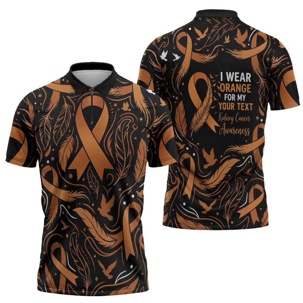 Personalized I Wear Orange Kidney Cancer Awareness Zipper Polo Shirt Feathered Ribbon Silhouette Illustration