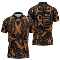 Personalized I Wear Orange Kidney Cancer Awareness Zipper Polo Shirt Feathered Ribbon Silhouette Illustration