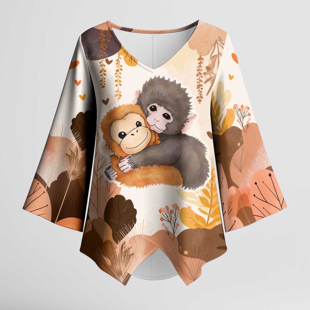 Punch The Monkey Kimono Sleeve Blouse Love Me Anyway Baby Monkeys Cute Plush Hugging