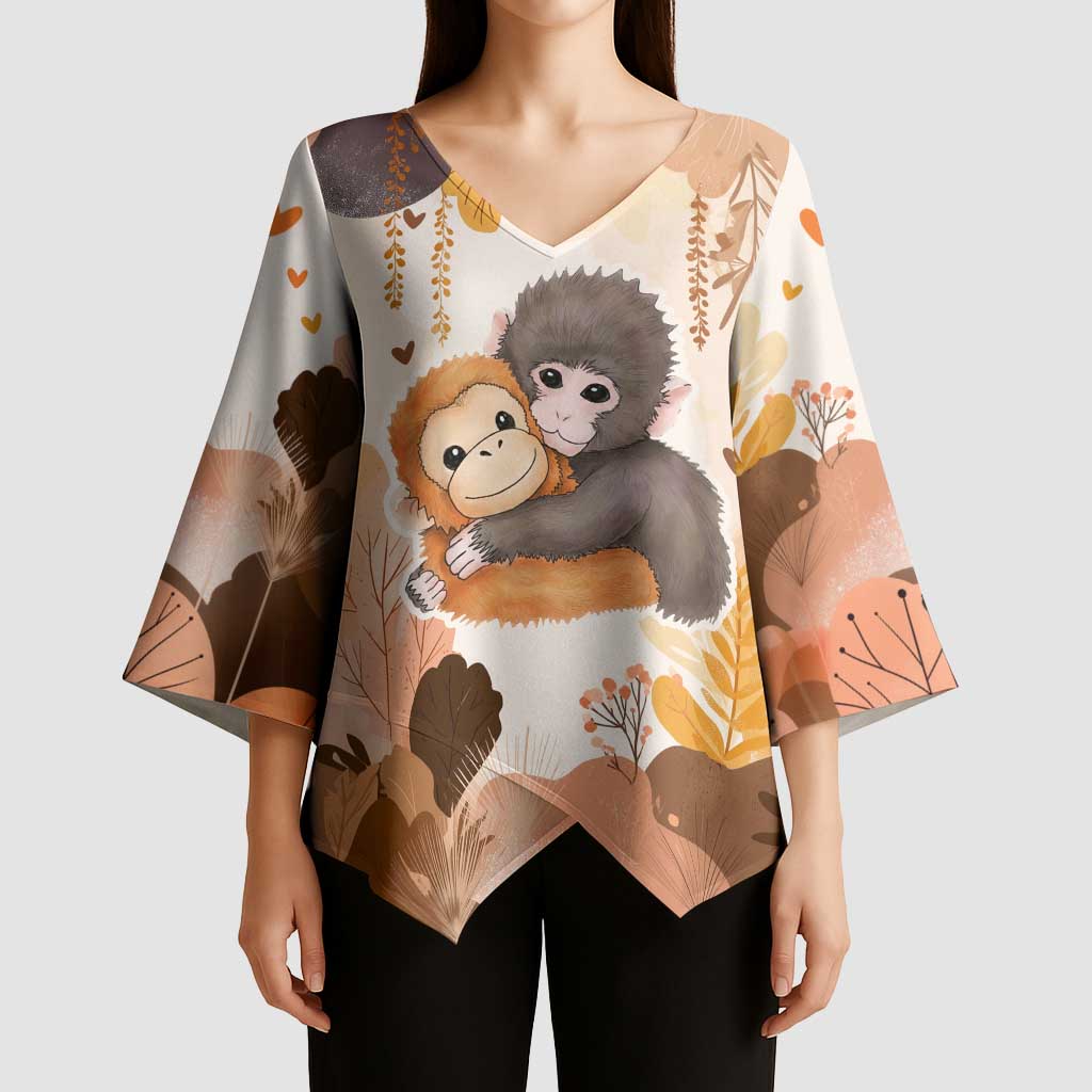 Punch The Monkey Kimono Sleeve Blouse Love Me Anyway Baby Monkeys Cute Plush Hugging