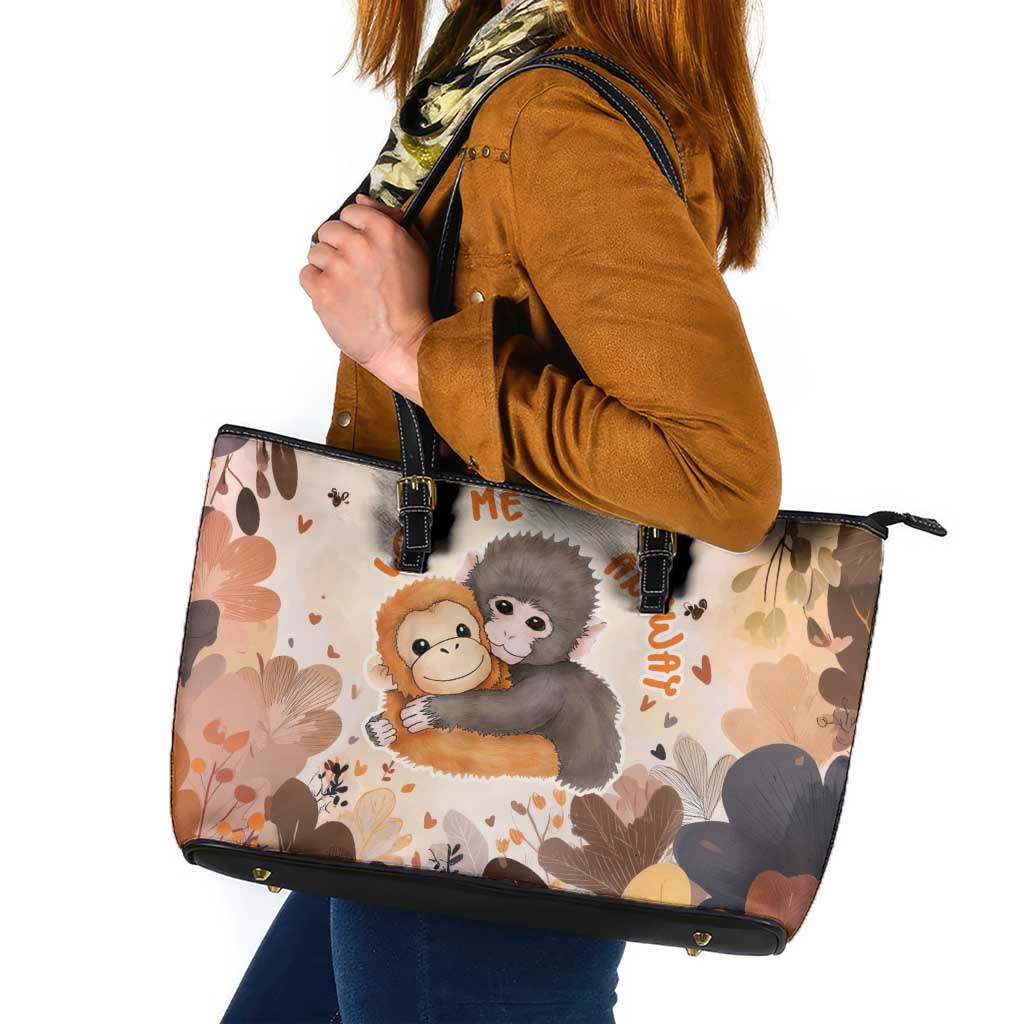 Punch The Monkey Leather Tote Bag Love Me Anyway Baby Monkeys Cute Plush Hugging