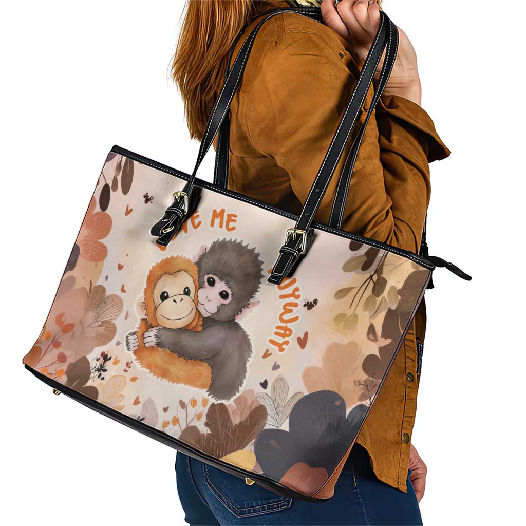 Punch The Monkey Leather Tote Bag Love Me Anyway Baby Monkeys Cute Plush Hugging