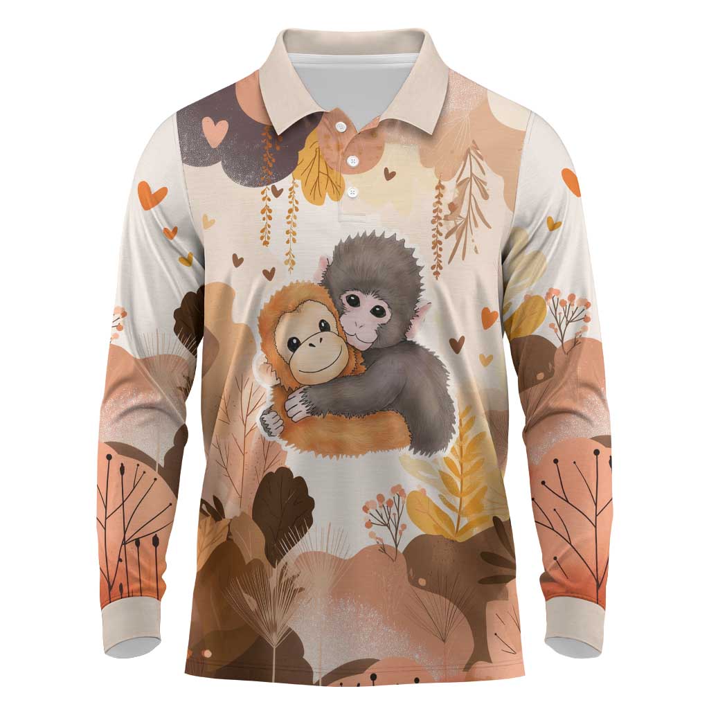 Punch The Monkey Long Sleeve Polo Shirt Love Me Anyway Baby Monkeys Cute Plush Hugging