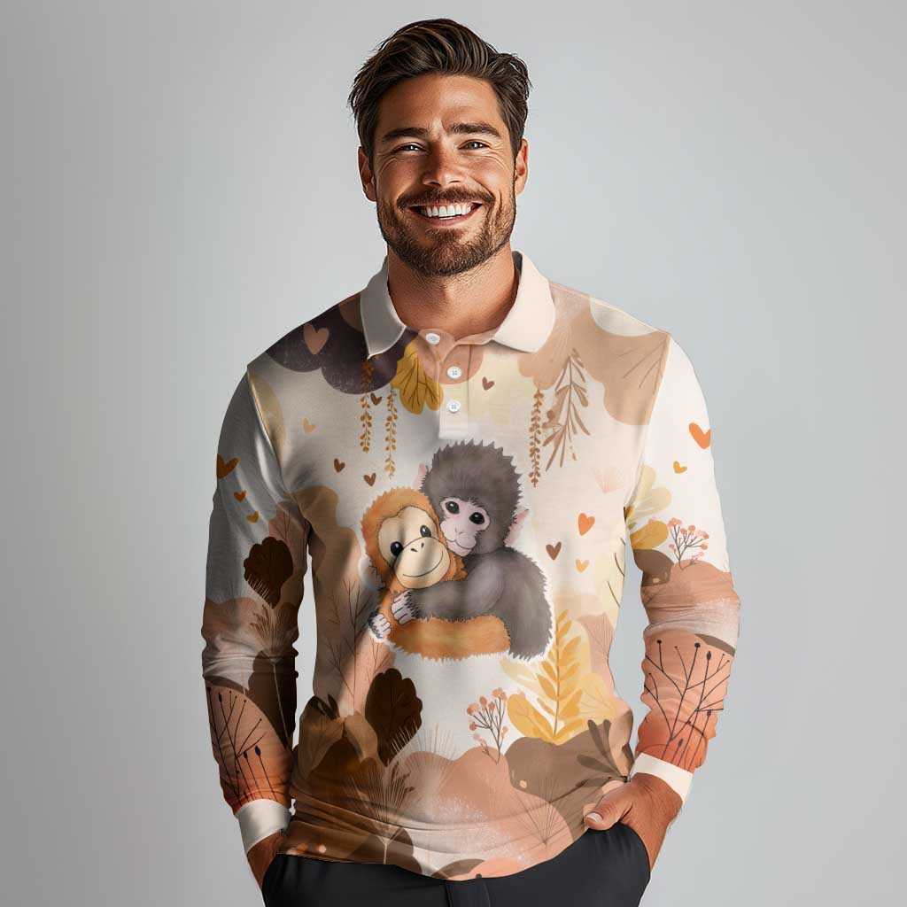 Punch The Monkey Long Sleeve Polo Shirt Love Me Anyway Baby Monkeys Cute Plush Hugging