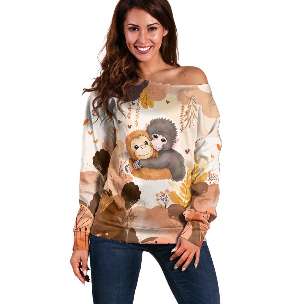 Punch The Monkey Off Shoulder Sweater Love Me Anyway Baby Monkeys Cute Plush Hugging