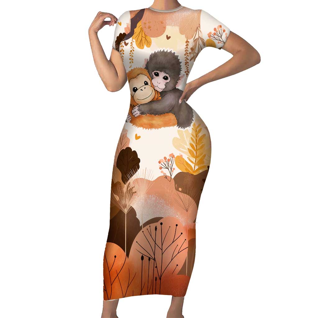 Punch The Monkey Short Sleeve Bodycon Dress Love Me Anyway Baby Monkeys Cute Plush Hugging