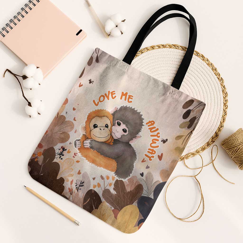 Punch The Monkey Tote Bag Love Me Anyway Baby Monkeys Cute Plush Hugging
