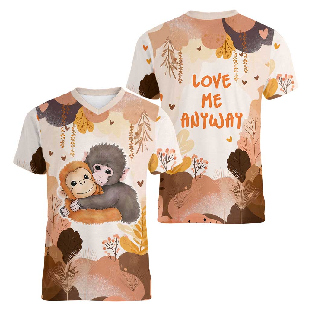 Punch The Monkey Women V-Neck T-Shirt Love Me Anyway Baby Monkeys Cute Plush Hugging