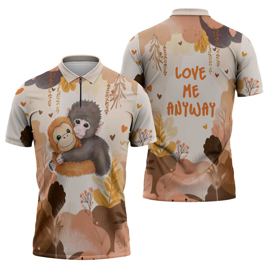 Punch The Monkey Zipper Polo Shirt Love Me Anyway Baby Monkeys Cute Plush Hugging