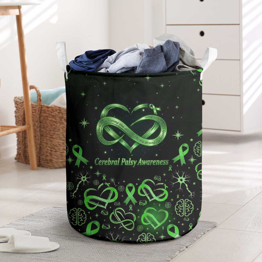 Cerebral Palsy Awareness Infinity Heart Laundry Basket Neon Green Ribbon Pattern Illustration