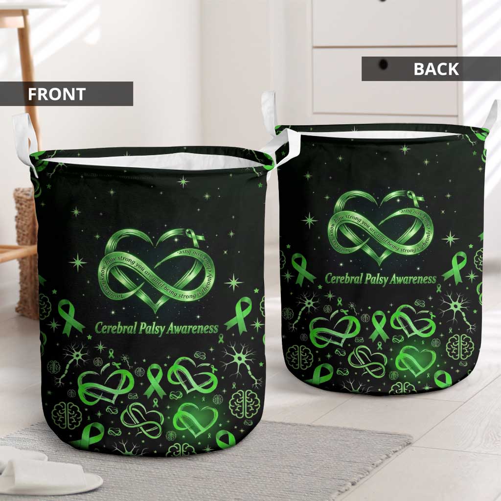 Cerebral Palsy Awareness Infinity Heart Laundry Basket Neon Green Ribbon Pattern Illustration